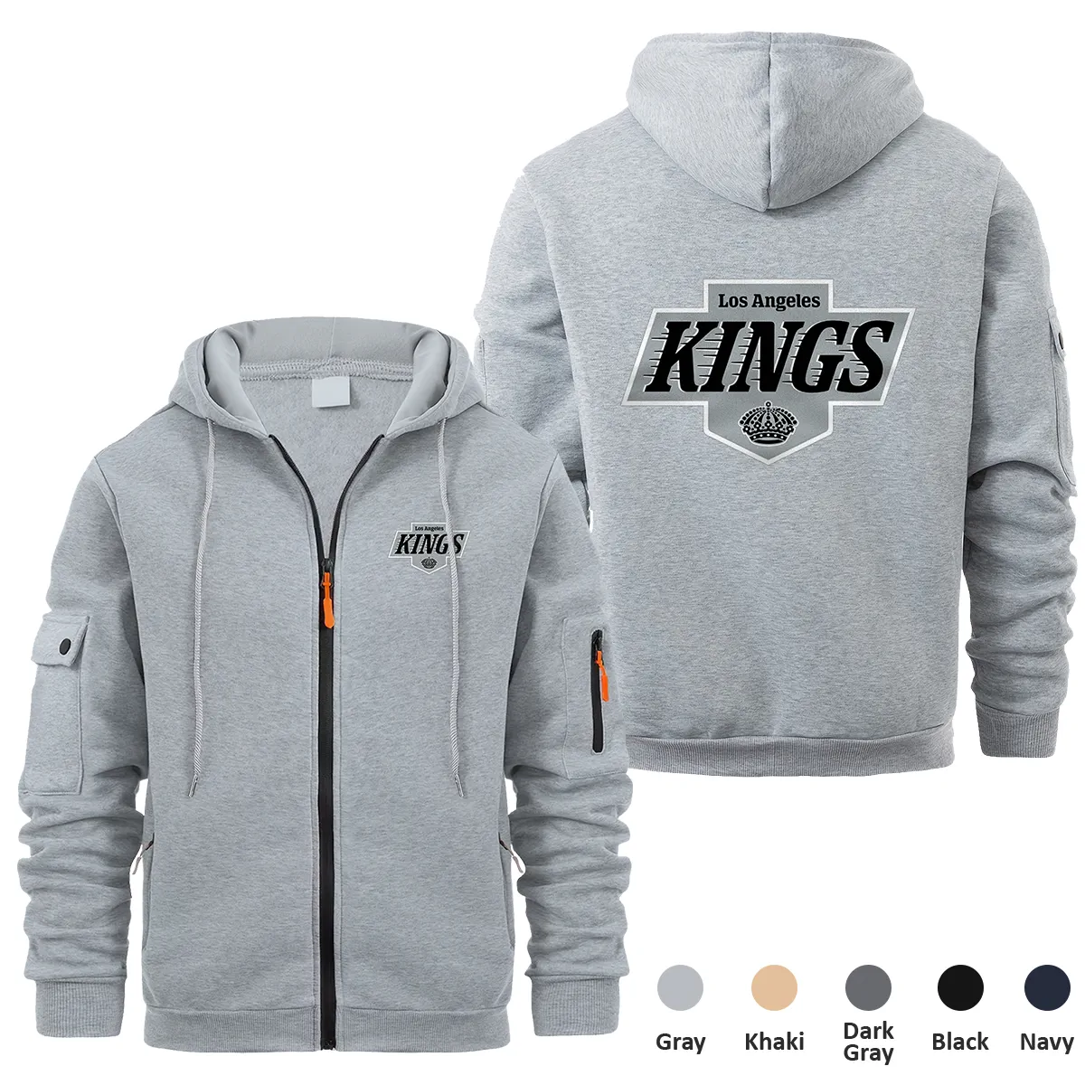 Los Angeles Kings NHL Exclusive Logo Full Zipper Sweatshirt Hoodie with Arm Pocket HNT241114LAKFZH - Gray