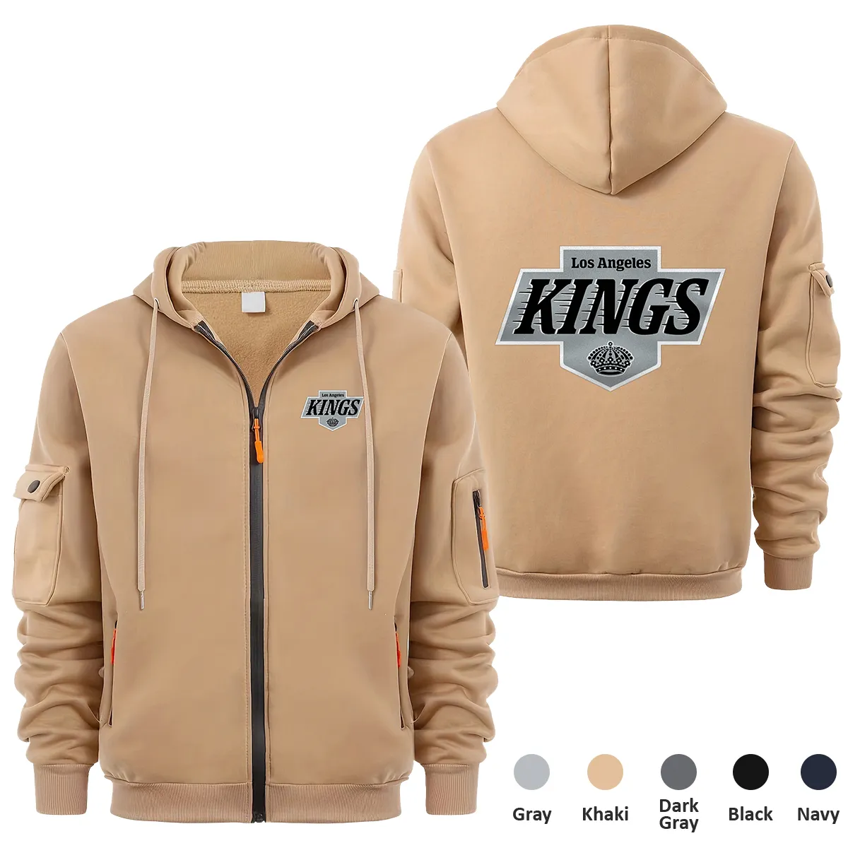 Los Angeles Kings NHL Exclusive Logo Full Zipper Sweatshirt Hoodie with Arm Pocket HNT241114LAKFZH - Khaki