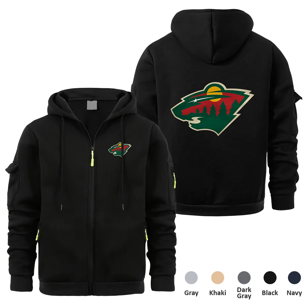 Minnesota Wild NHL Exclusive Logo Full Zipper Sweatshirt Hoodie with Arm Pocket HNT241114MWFZH - Black