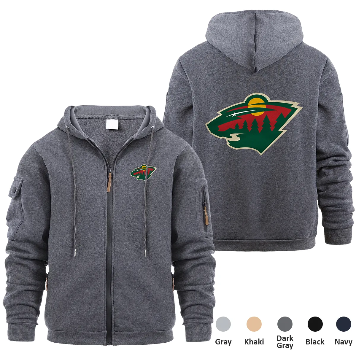 Minnesota Wild NHL Exclusive Logo Full Zipper Sweatshirt Hoodie with Arm Pocket HNT241114MWFZH - Dark Gray