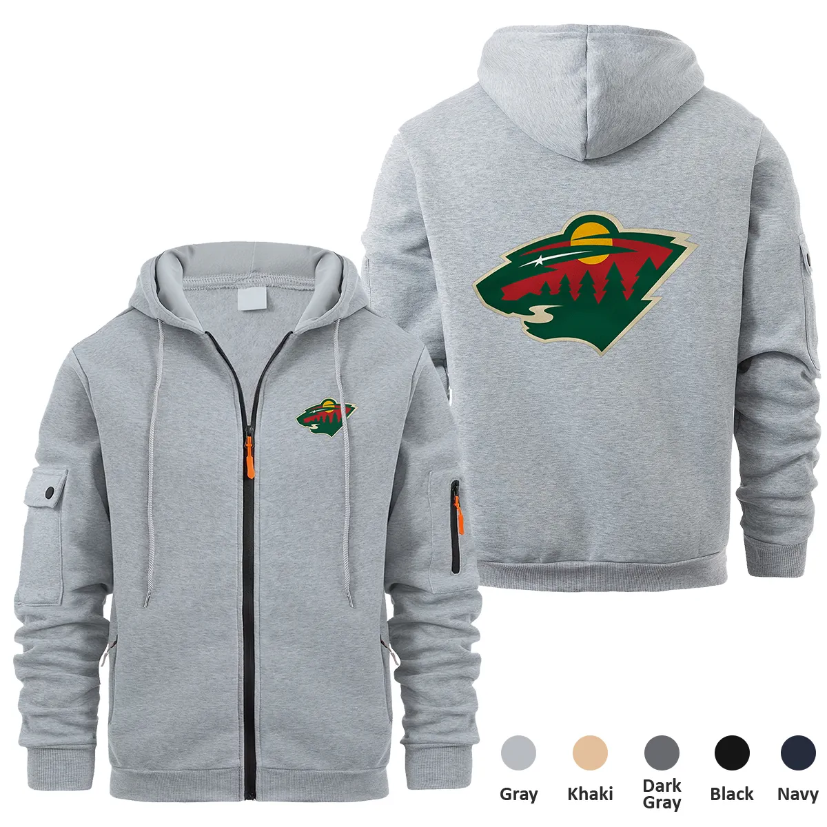 Minnesota Wild NHL Exclusive Logo Full Zipper Sweatshirt Hoodie with Arm Pocket HNT241114MWFZH - Gray