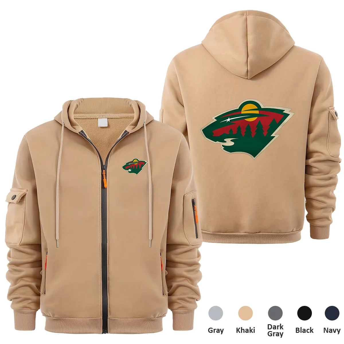 Minnesota Wild NHL Exclusive Logo Full Zipper Sweatshirt Hoodie with Arm Pocket HNT241114MWFZH - Khaki