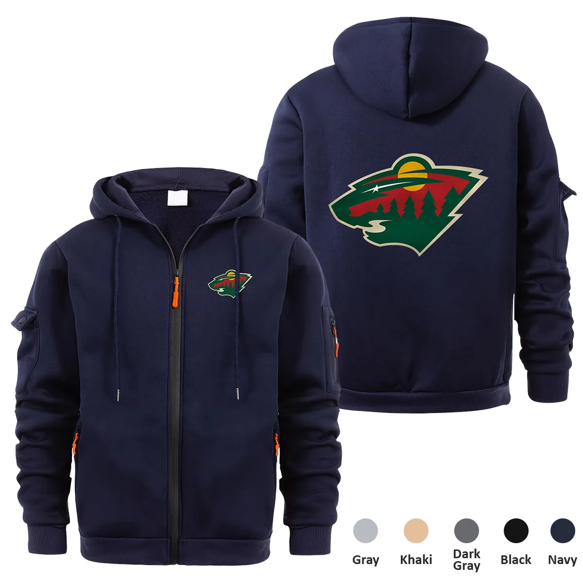 Minnesota Wild NHL Exclusive Logo Full Zipper Sweatshirt Hoodie with Arm Pocket HNT241114MWFZH - Navy