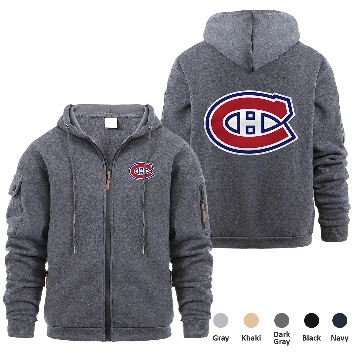 Montreal Canadiens NHL Exclusive Logo Full Zipper Sweatshirt Hoodie with Arm Pocket HNT241114MCFZH - Dark Gray