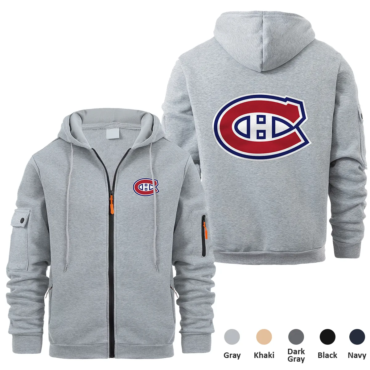 Montreal Canadiens NHL Exclusive Logo Full Zipper Sweatshirt Hoodie with Arm Pocket HNT241114MCFZH - Gray