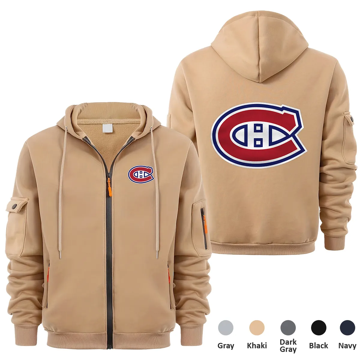 Montreal Canadiens NHL Exclusive Logo Full Zipper Sweatshirt Hoodie with Arm Pocket HNT241114MCFZH - Khaki