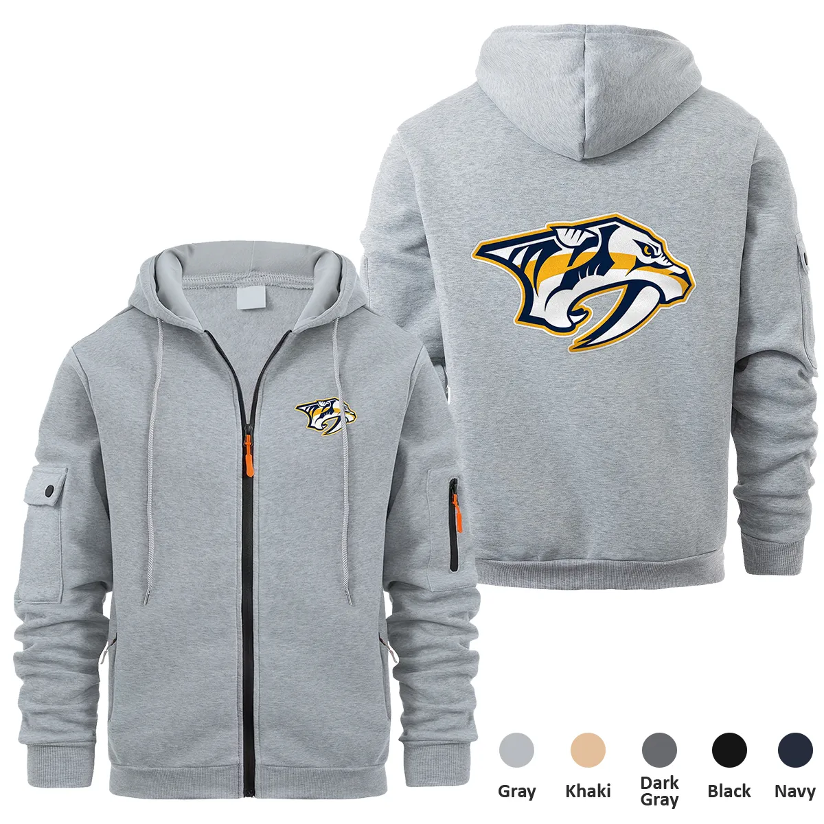 Nashville Predators NHL Exclusive Logo Full Zipper Sweatshirt Hoodie with Arm Pocket HNT241114NPFZH - Gray