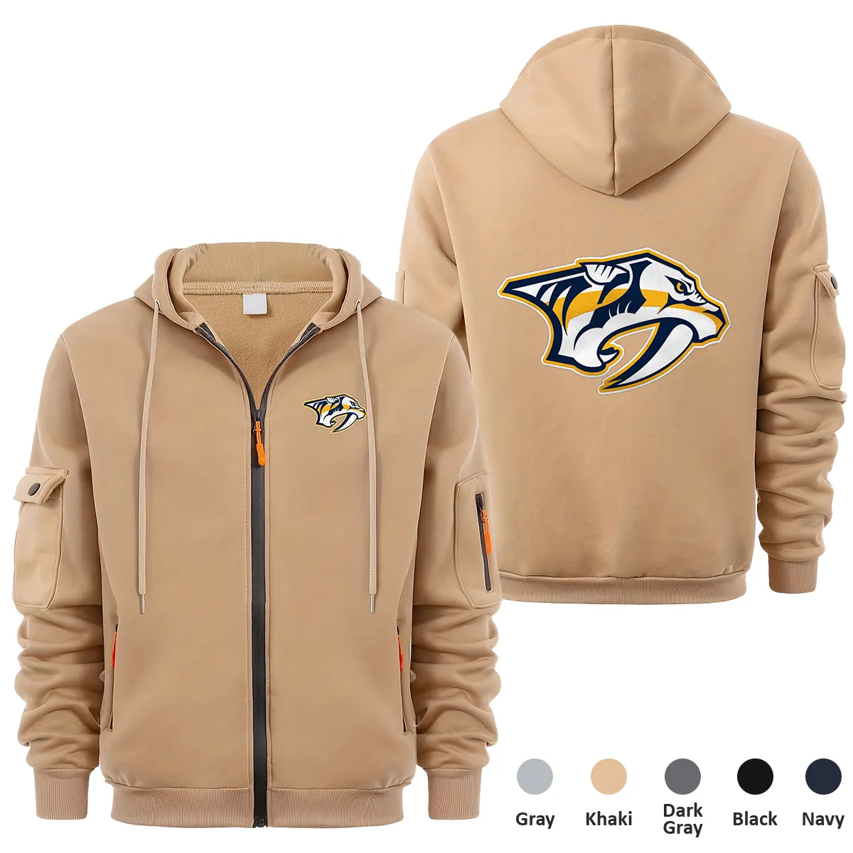 Nashville Predators NHL Exclusive Logo Full Zipper Sweatshirt Hoodie with Arm Pocket HNT241114NPFZH - Khaki