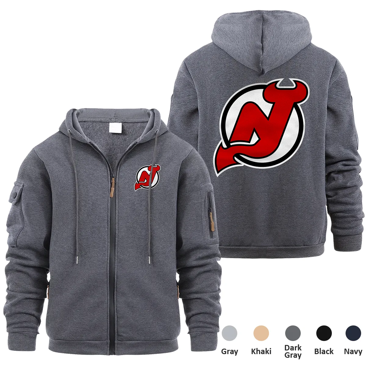 New Jersey Devils NHL Exclusive Logo Full Zipper Sweatshirt Hoodie with Arm Pocket HNT241114NJDFZH - Dark Gray