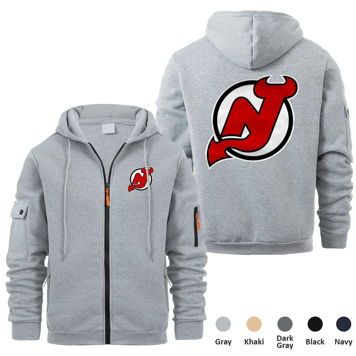 New Jersey Devils NHL Exclusive Logo Full Zipper Sweatshirt Hoodie with Arm Pocket HNT241114NJDFZH - Gray