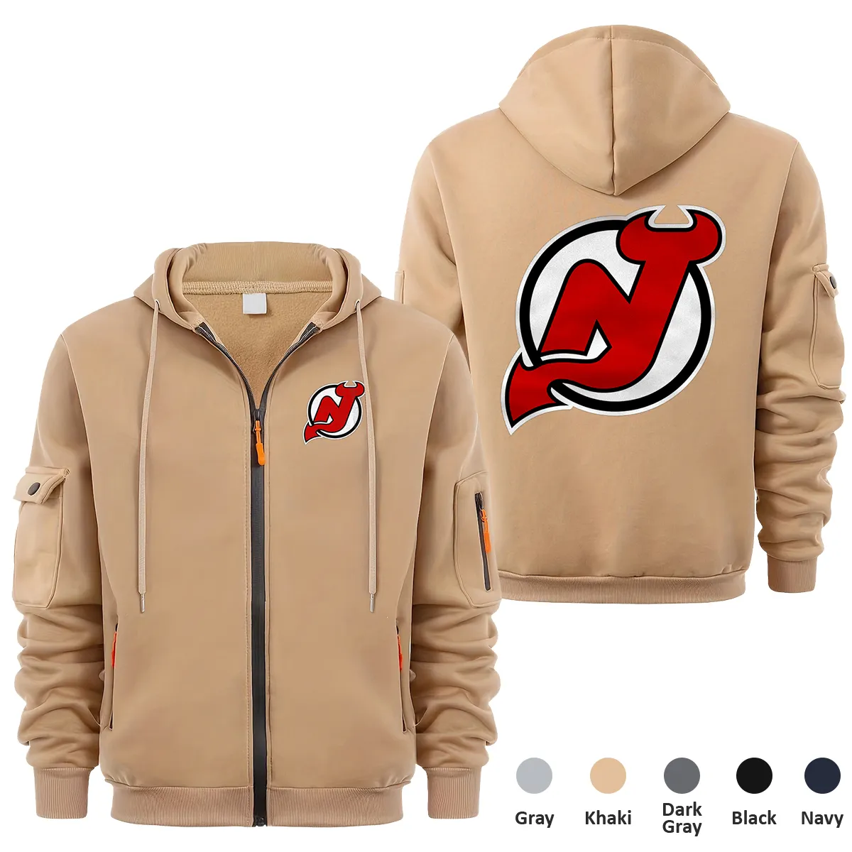 New Jersey Devils NHL Exclusive Logo Full Zipper Sweatshirt Hoodie with Arm Pocket HNT241114NJDFZH - Khaki