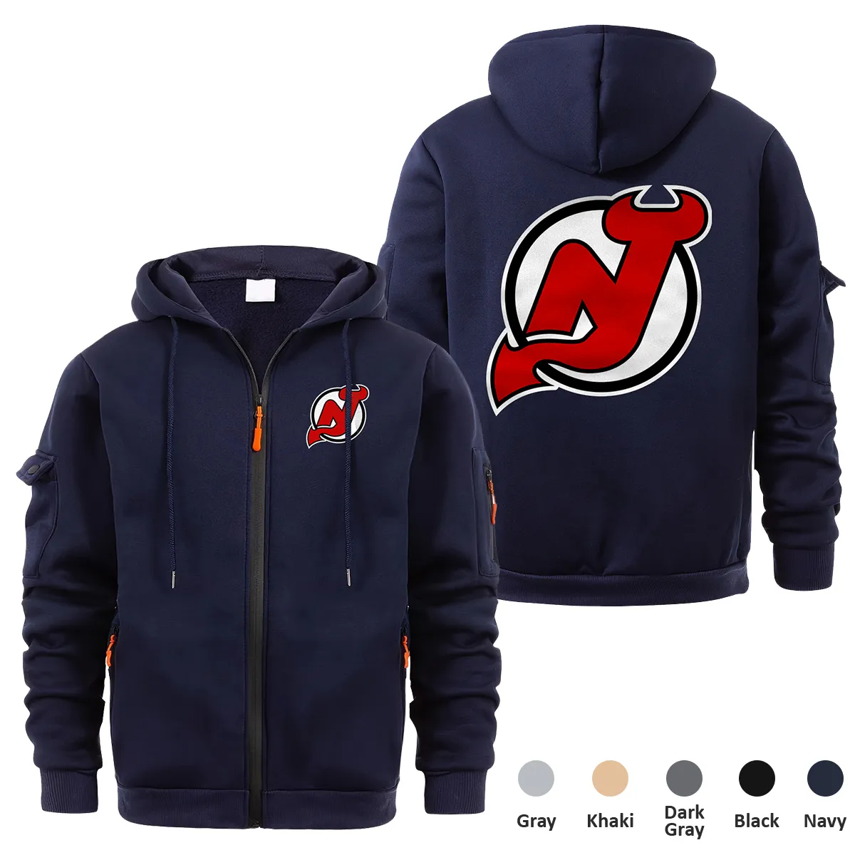 New Jersey Devils NHL Exclusive Logo Full Zipper Sweatshirt Hoodie with Arm Pocket HNT241114NJDFZH - Navy