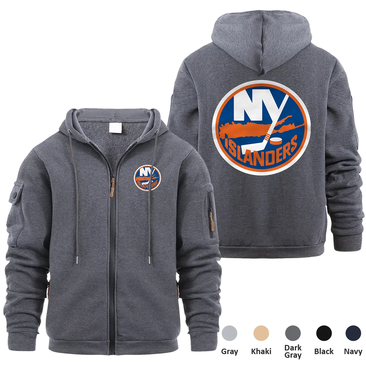 New York Islanders NHL Exclusive Logo Full Zipper Sweatshirt Hoodie with Arm Pocket HNT241114NYIFZH - Dark Gray