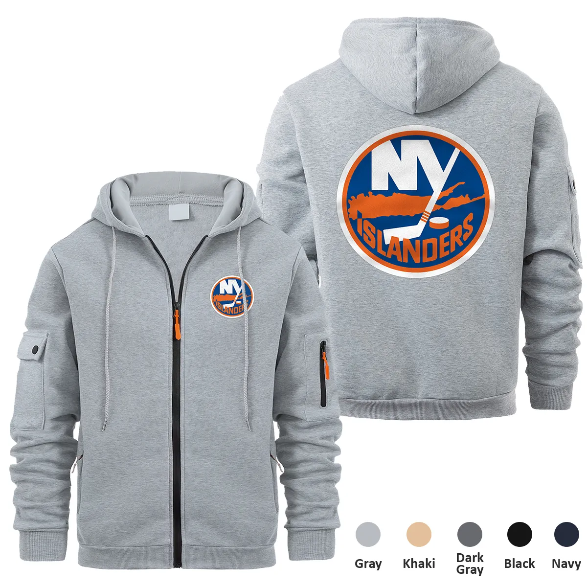 New York Islanders NHL Exclusive Logo Full Zipper Sweatshirt Hoodie with Arm Pocket HNT241114NYIFZH - Gray