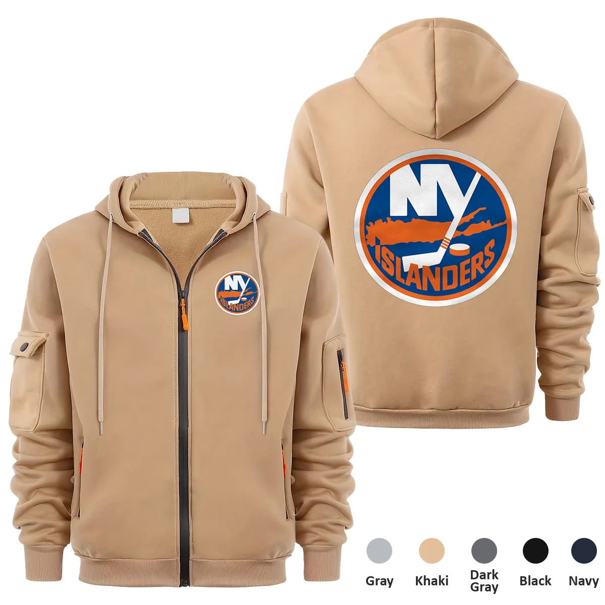 New York Islanders NHL Exclusive Logo Full Zipper Sweatshirt Hoodie with Arm Pocket HNT241114NYIFZH - Khaki