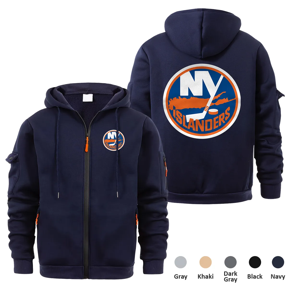 New York Islanders NHL Exclusive Logo Full Zipper Sweatshirt Hoodie with Arm Pocket HNT241114NYIFZH - Navy