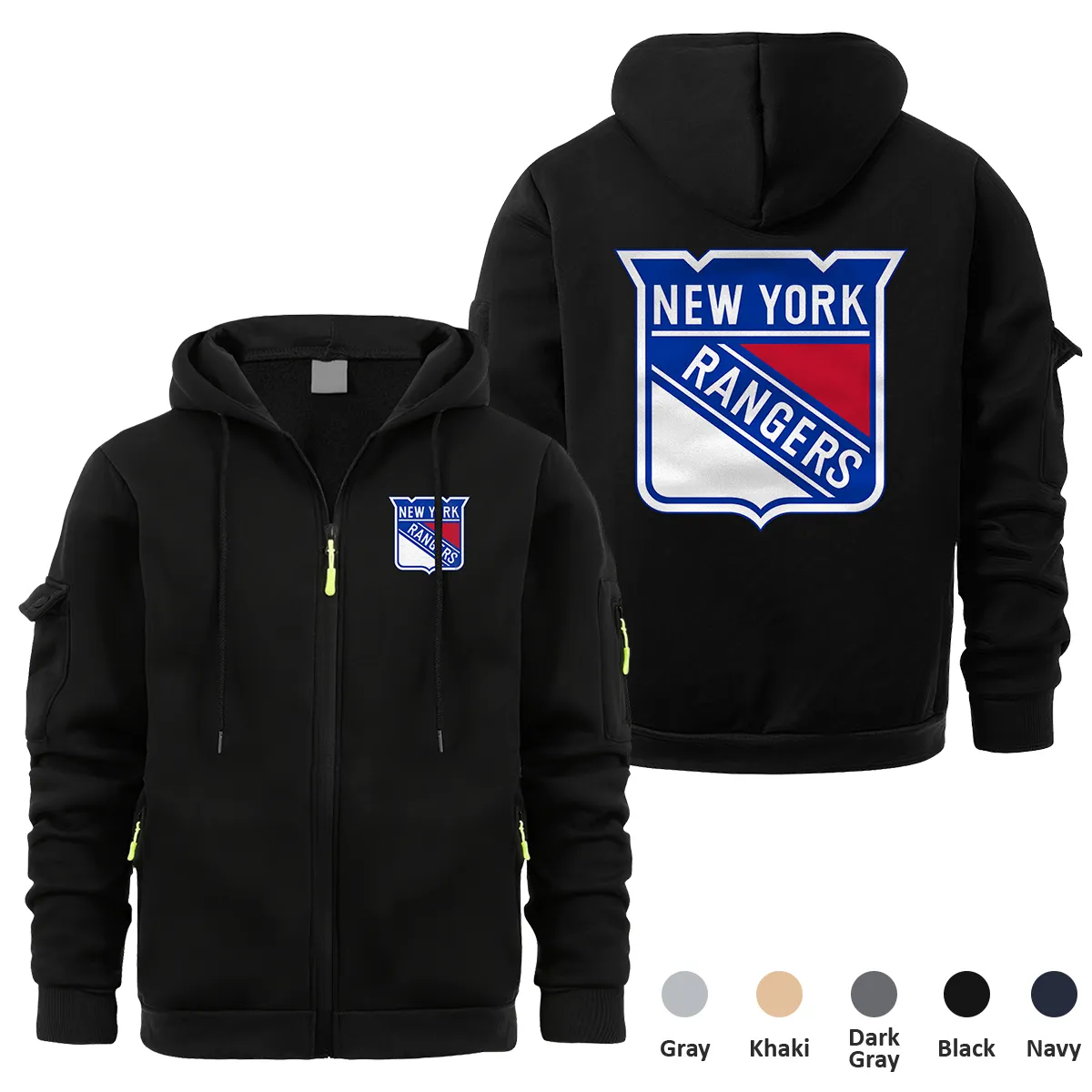 New York Rangers NHL Exclusive Logo Full Zipper Sweatshirt Hoodie with Arm Pocket HNT241114NYRFZH - Black