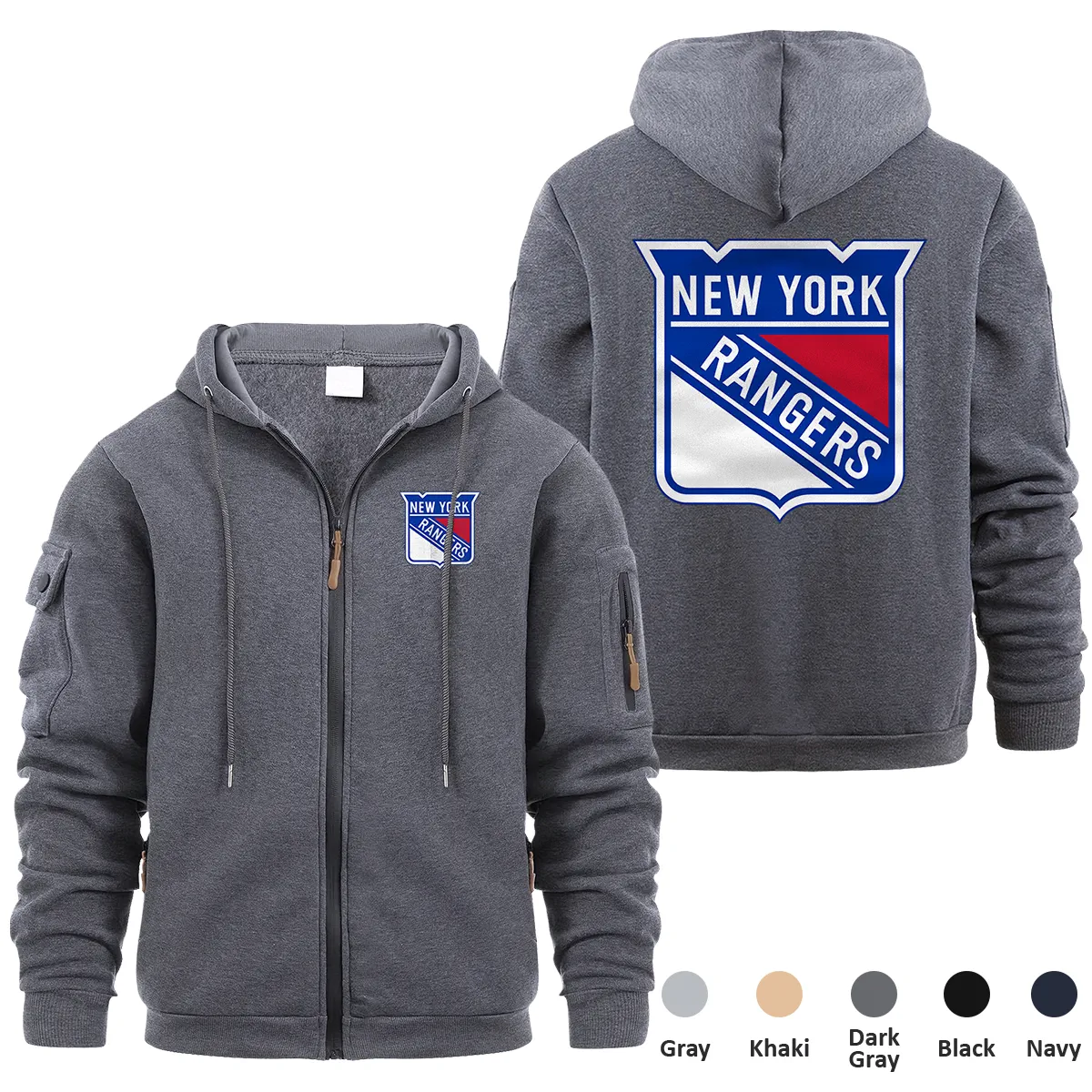 New York Rangers NHL Exclusive Logo Full Zipper Sweatshirt Hoodie with Arm Pocket HNT241114NYRFZH - Dark Gray