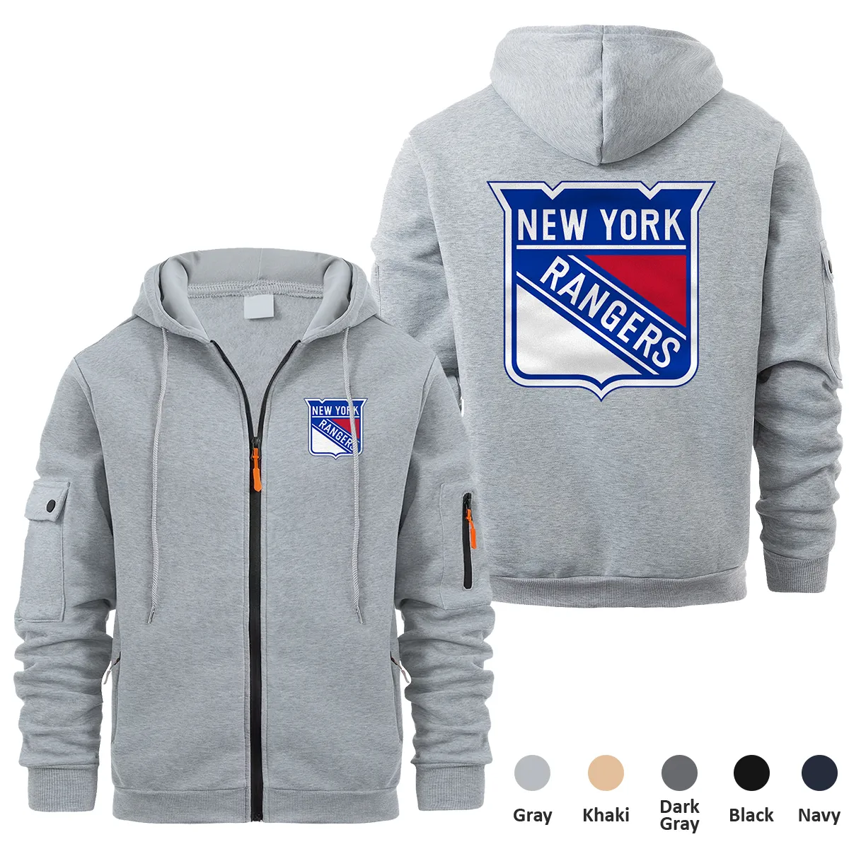 New York Rangers NHL Exclusive Logo Full Zipper Sweatshirt Hoodie with Arm Pocket HNT241114NYRFZH - Gray