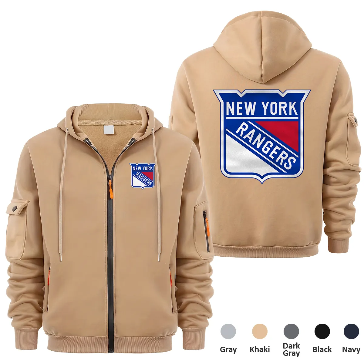 New York Rangers NHL Exclusive Logo Full Zipper Sweatshirt Hoodie with Arm Pocket HNT241114NYRFZH - Khaki