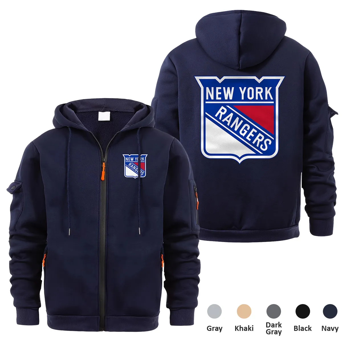 New York Rangers NHL Exclusive Logo Full Zipper Sweatshirt Hoodie with Arm Pocket HNT241114NYRFZH - Navy