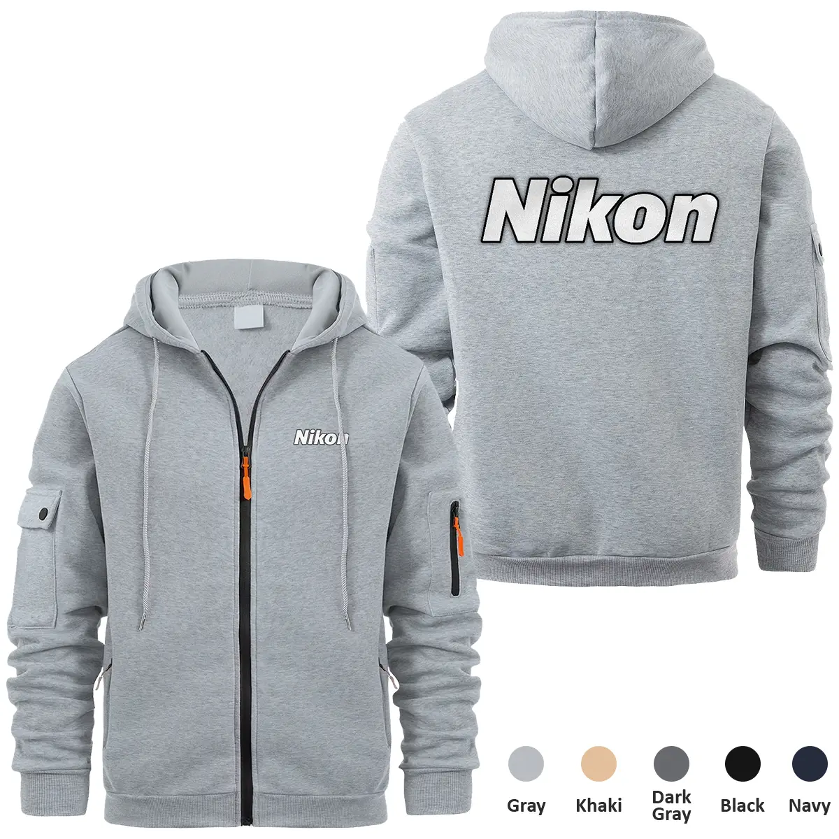 Nikon Photography Videography Exclusive Logo Full Zipper Sweatshirt Hoodie with Arm Pocket HNT241114ANKFZH - Gray