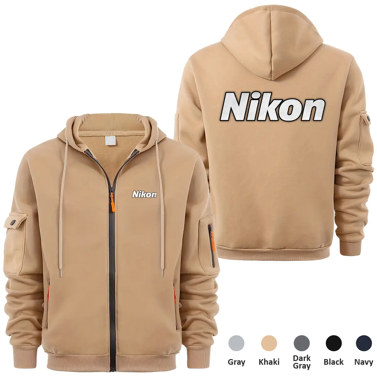 Nikon Photography Videography Exclusive Logo Full Zipper Sweatshirt Hoodie with Arm Pocket HNT241114ANKFZH - Khaki