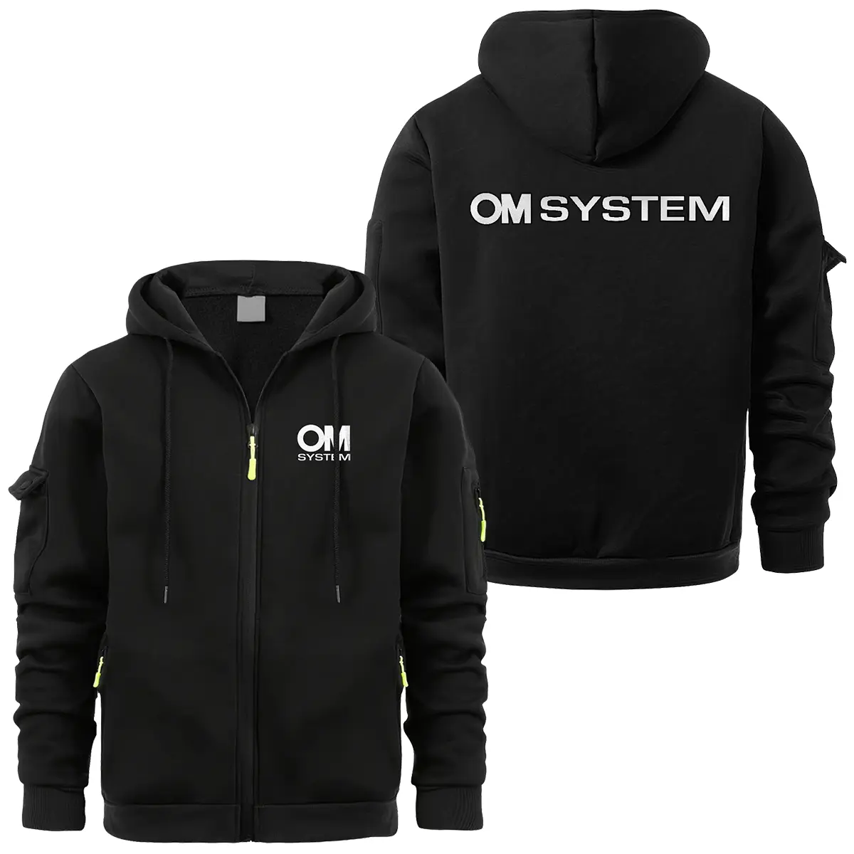 OM SYSTEM Photography Videography Exclusive Logo Full Zipper Sweatshirt Hoodie with Arm Pocket HNT241114A1OMSFZH - Black