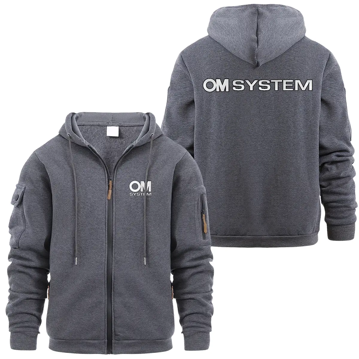 OM SYSTEM Photography Videography Exclusive Logo Full Zipper Sweatshirt Hoodie with Arm Pocket HNT241114A1OMSFZH - Dark Gray