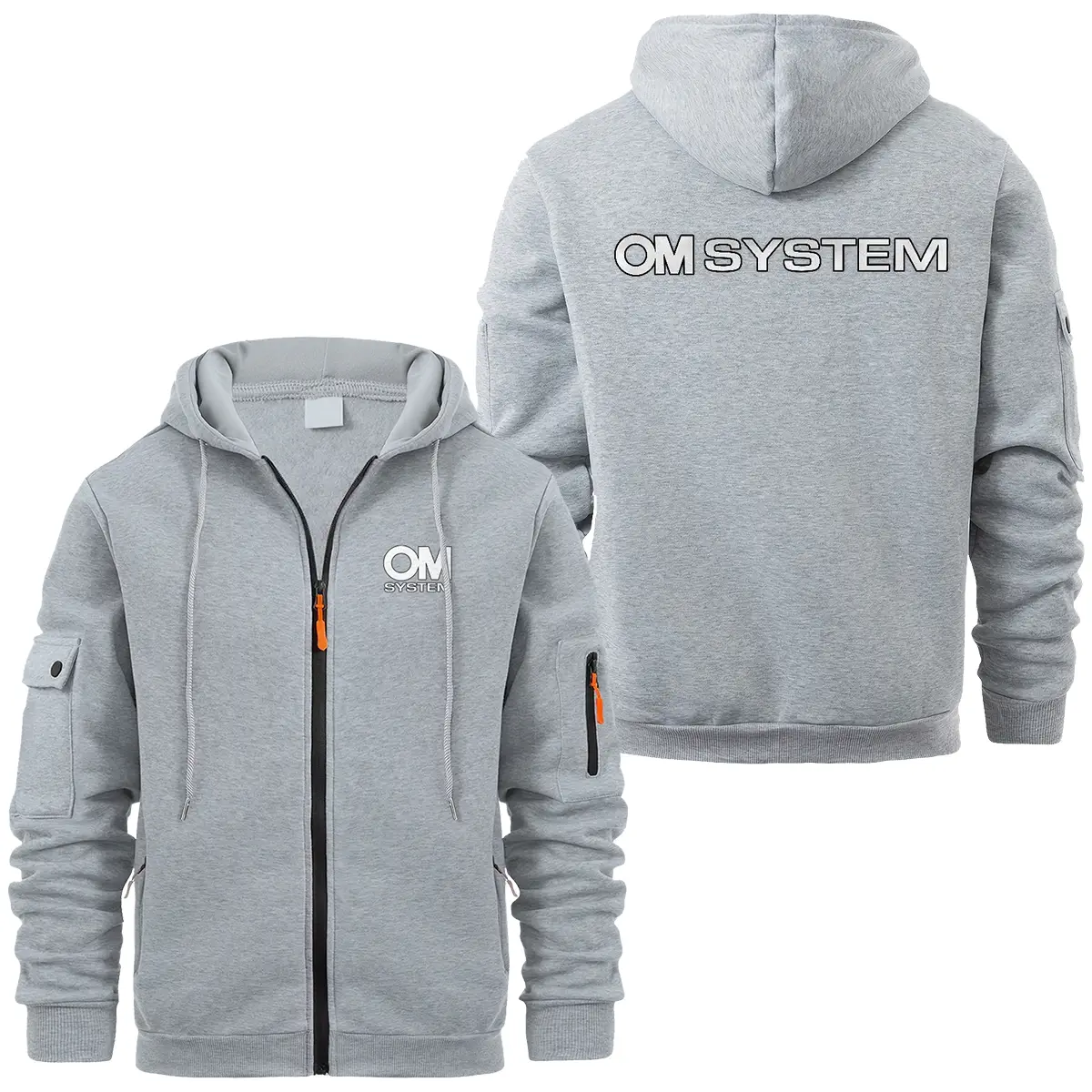 OM SYSTEM Photography Videography Exclusive Logo Full Zipper Sweatshirt Hoodie with Arm Pocket HNT241114A1OMSFZH - Gray