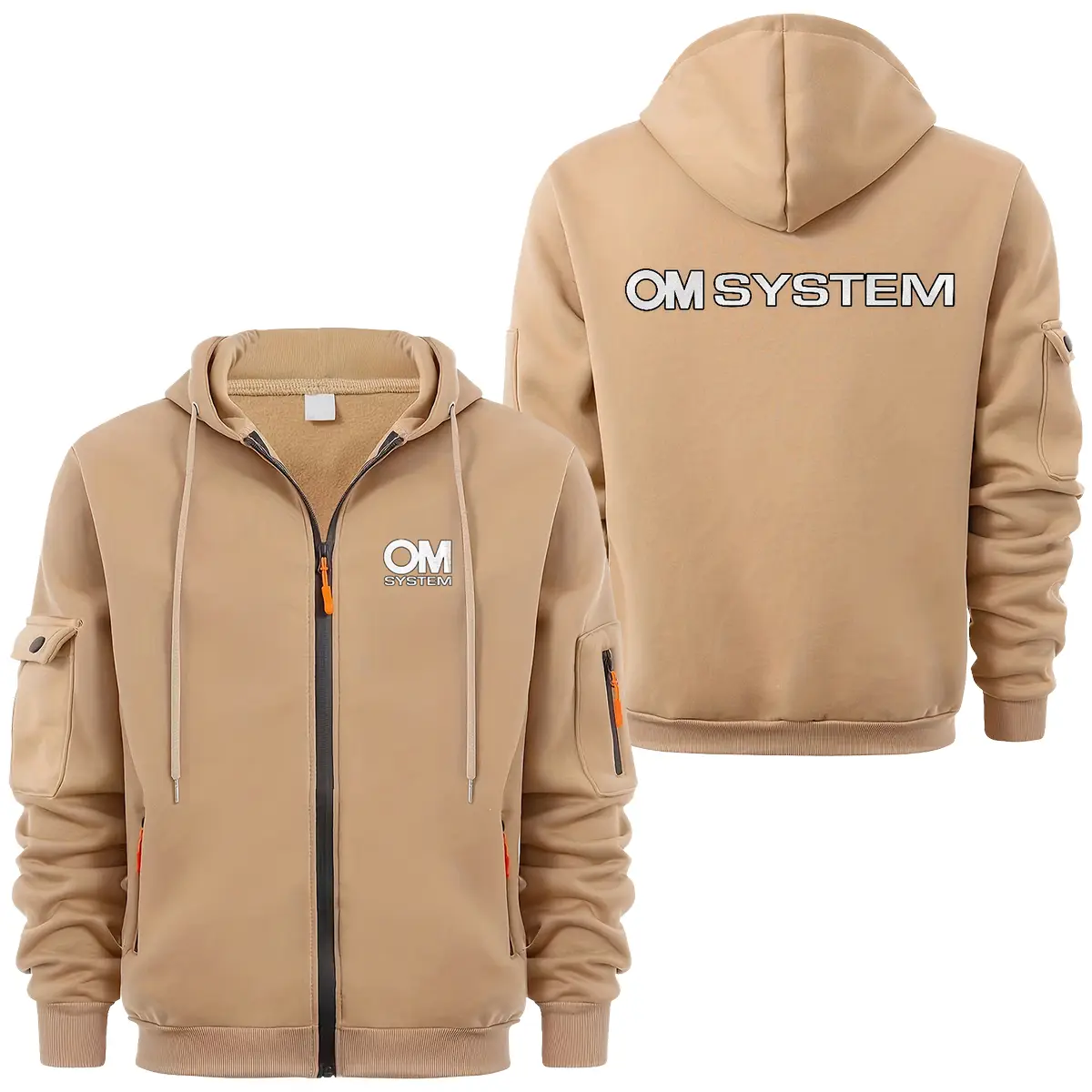 OM SYSTEM Photography Videography Exclusive Logo Full Zipper Sweatshirt Hoodie with Arm Pocket HNT241114A1OMSFZH - Khaki