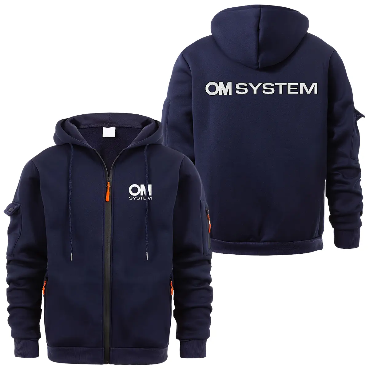 OM SYSTEM Photography Videography Exclusive Logo Full Zipper Sweatshirt Hoodie with Arm Pocket HNT241114A1OMSFZH - Navy