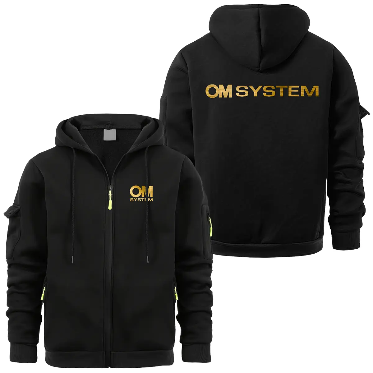 OM SYSTEM Photography Videography Exclusive Logo Full Zipper Sweatshirt Hoodie with Arm Pocket HNT241114A2OMSFZH - Black