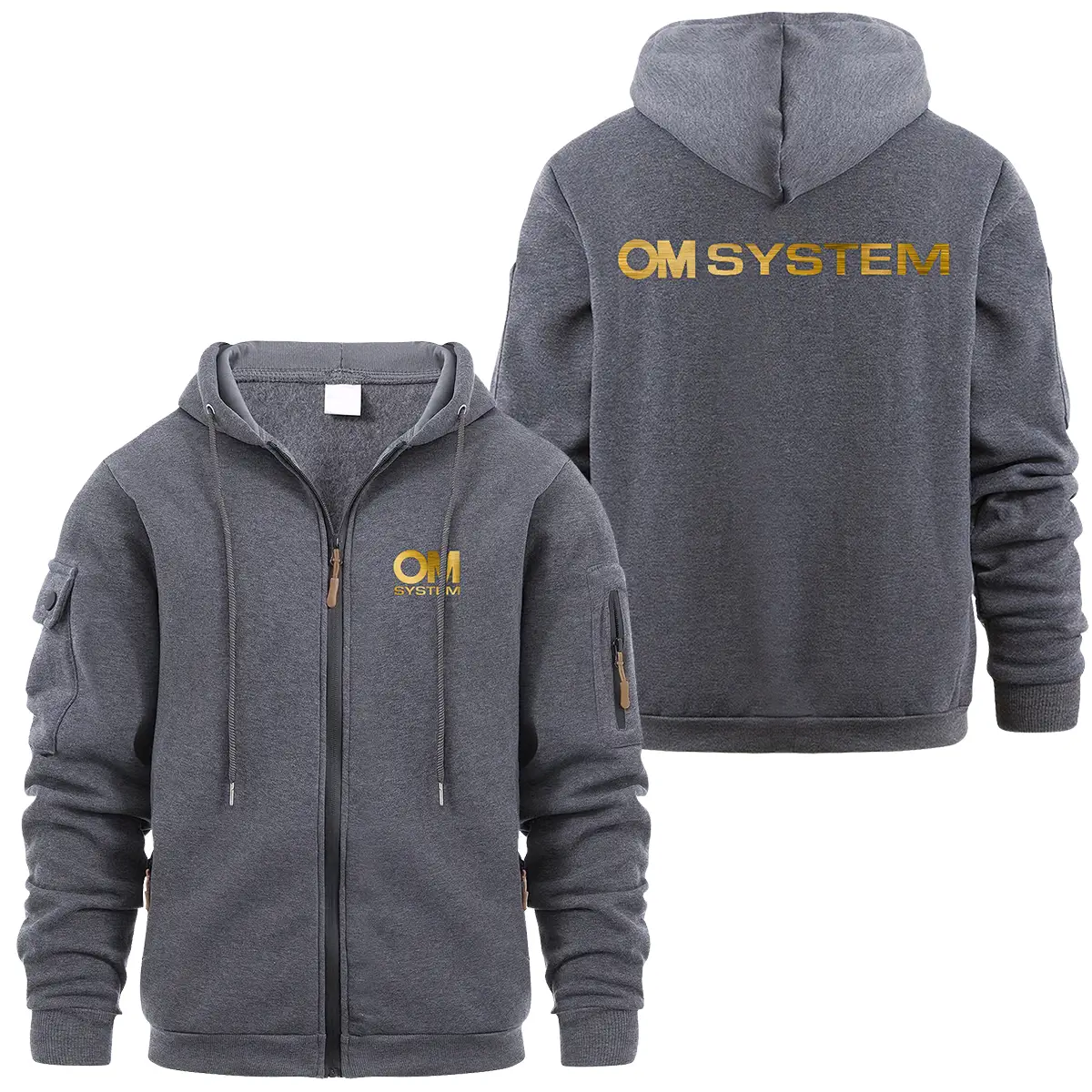 OM SYSTEM Photography Videography Exclusive Logo Full Zipper Sweatshirt Hoodie with Arm Pocket HNT241114A2OMSFZH - Dark Gray