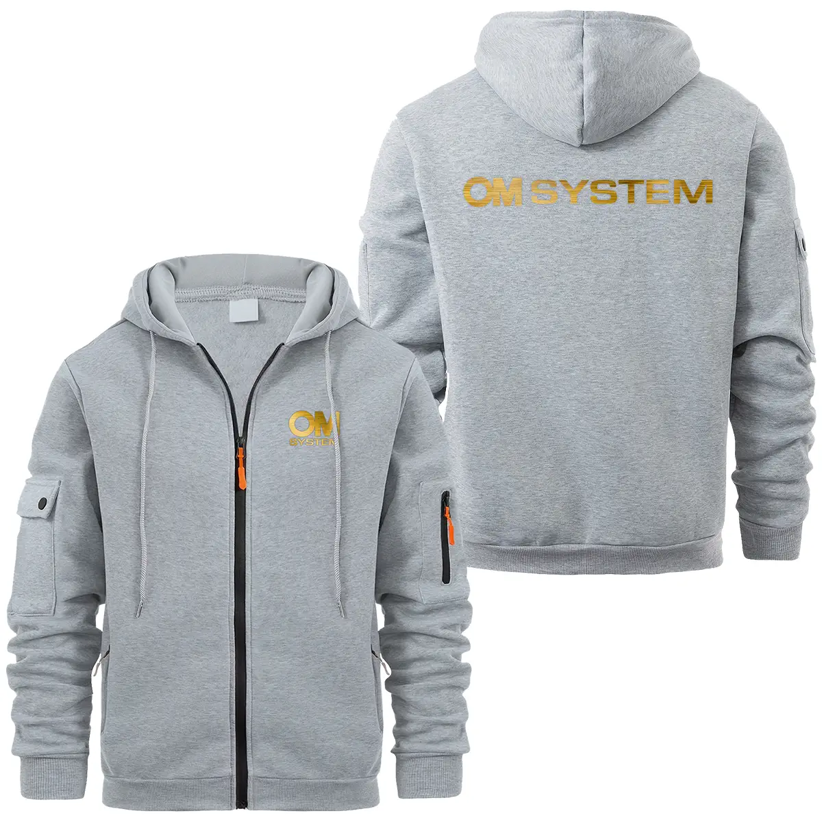 OM SYSTEM Photography Videography Exclusive Logo Full Zipper Sweatshirt Hoodie with Arm Pocket HNT241114A2OMSFZH - Gray