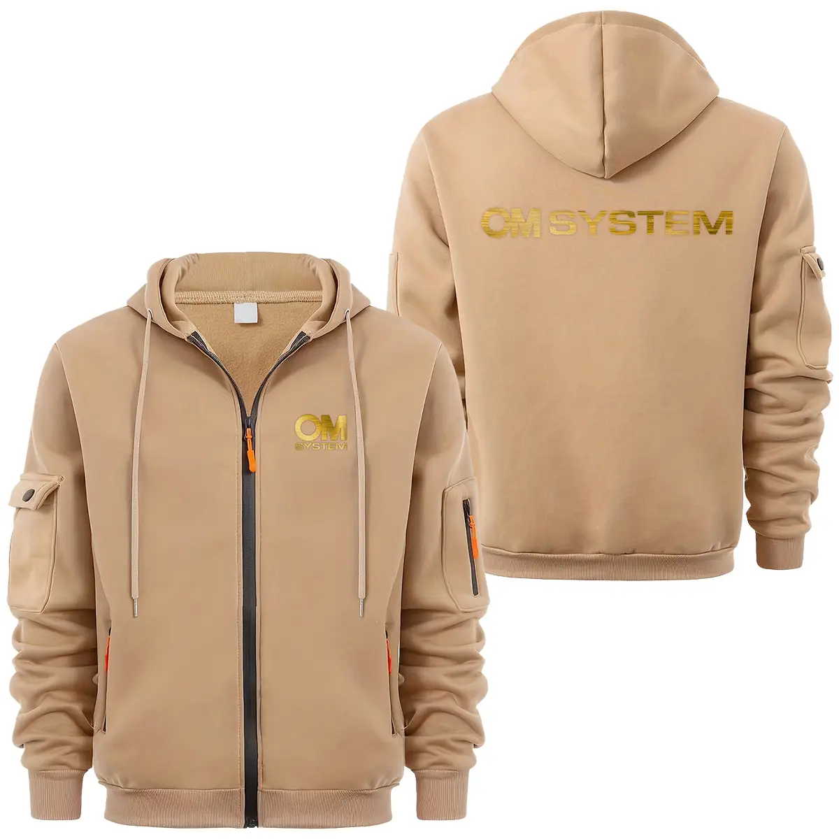 OM SYSTEM Photography Videography Exclusive Logo Full Zipper Sweatshirt Hoodie with Arm Pocket HNT241114A2OMSFZH - Khaki