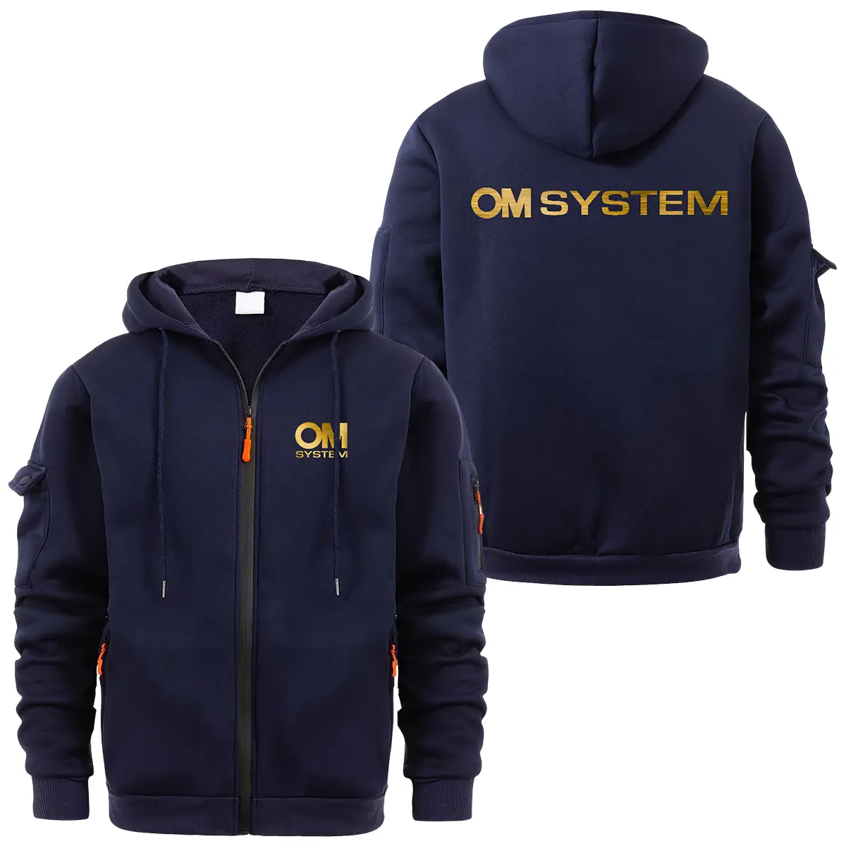 OM SYSTEM Photography Videography Exclusive Logo Full Zipper Sweatshirt Hoodie with Arm Pocket HNT241114A2OMSFZH - Navy