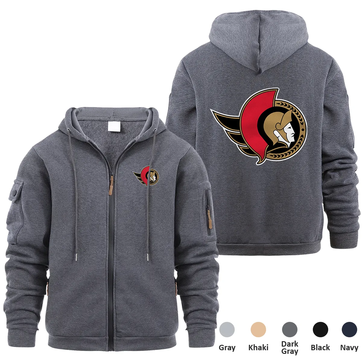 Ottawa Senators NHL Exclusive Logo Full Zipper Sweatshirt Hoodie with Arm Pocket HNT241114OSFZH - Dark Gray