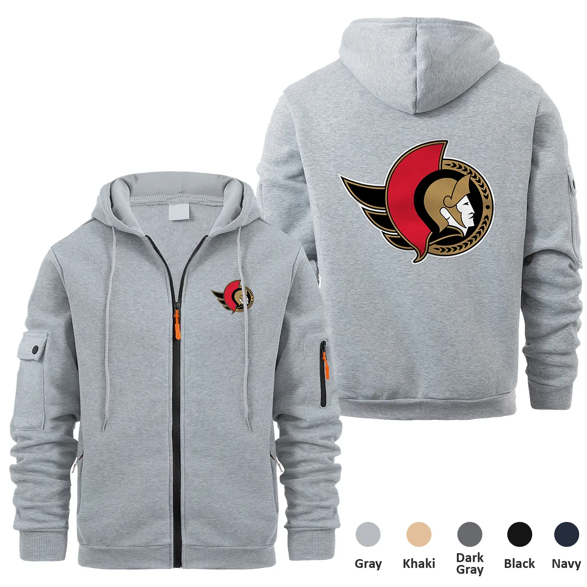 Ottawa Senators NHL Exclusive Logo Full Zipper Sweatshirt Hoodie with Arm Pocket HNT241114OSFZH - Gray