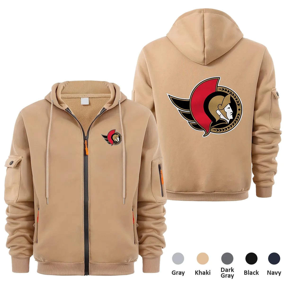 Ottawa Senators NHL Exclusive Logo Full Zipper Sweatshirt Hoodie with Arm Pocket HNT241114OSFZH - Khaki