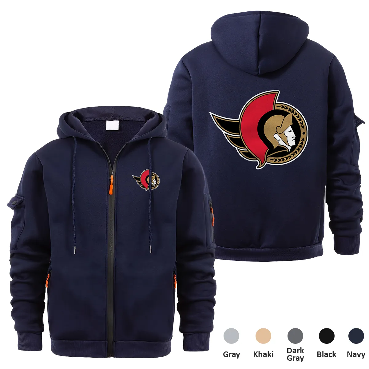 Ottawa Senators NHL Exclusive Logo Full Zipper Sweatshirt Hoodie with Arm Pocket HNT241114OSFZH - Navy