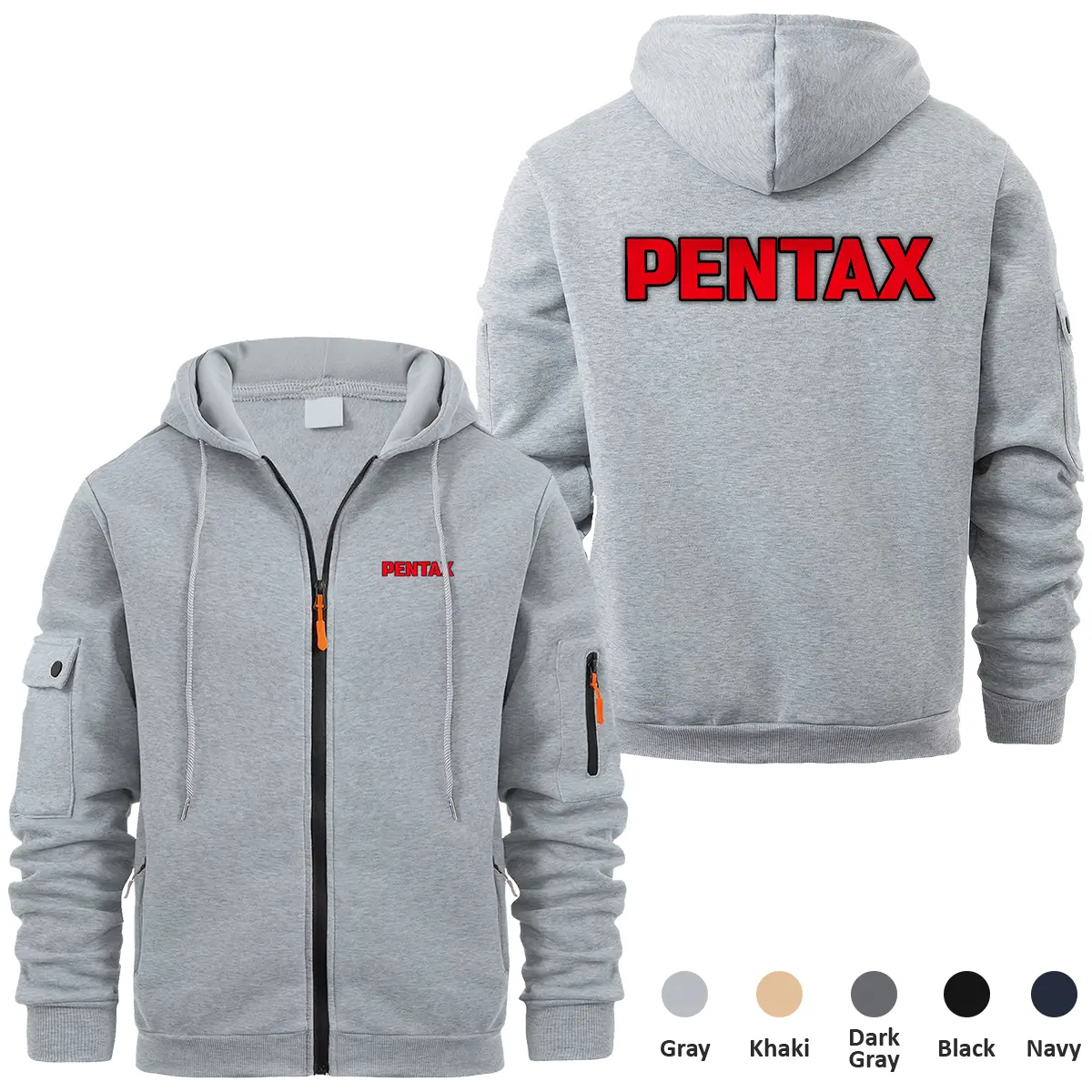 Pentax Photography Videography Exclusive Logo Full Zipper Sweatshirt Hoodie with Arm Pocket HNT241114APTFZH - Gray