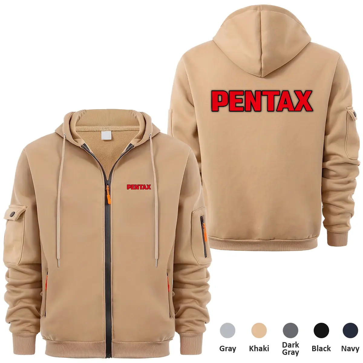 Pentax Photography Videography Exclusive Logo Full Zipper Sweatshirt Hoodie with Arm Pocket HNT241114APTFZH - Khaki