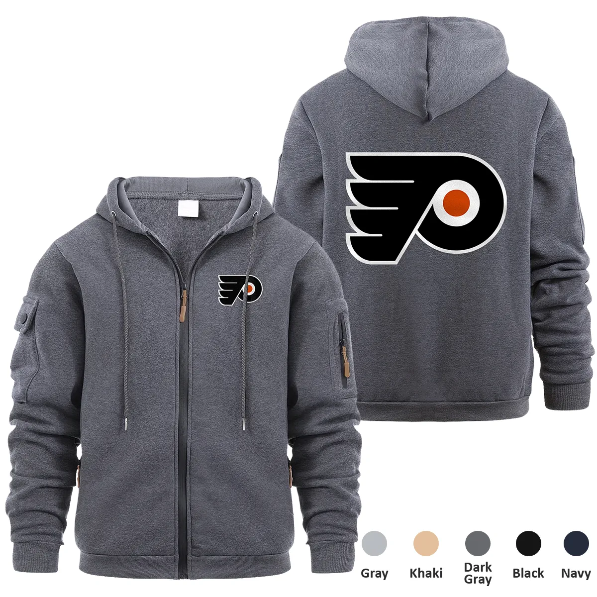 Philadelphia Flyers NHL Exclusive Logo Full Zipper Sweatshirt Hoodie with Arm Pocket HNT241114PFFZH - Dark Gray