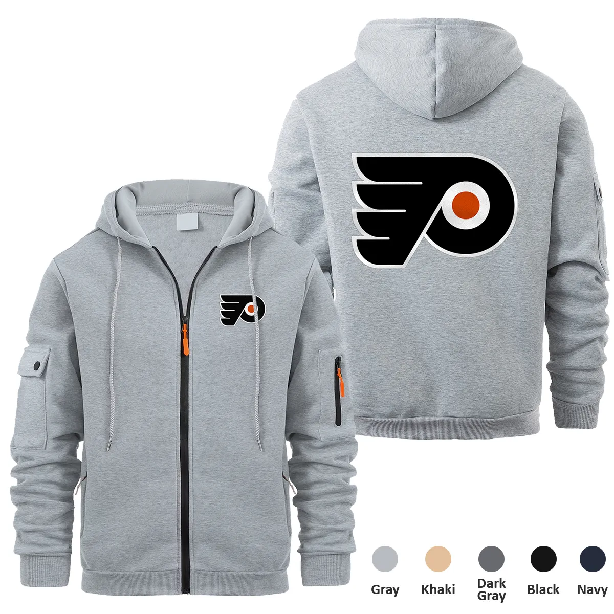 Philadelphia Flyers NHL Exclusive Logo Full Zipper Sweatshirt Hoodie with Arm Pocket HNT241114PFFZH - Gray