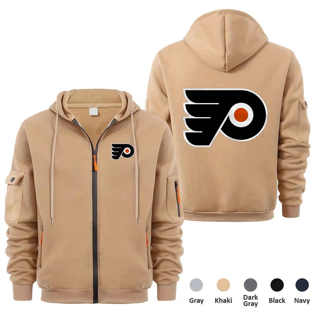 Philadelphia Flyers NHL Exclusive Logo Full Zipper Sweatshirt Hoodie with Arm Pocket HNT241114PFFZH - Khaki