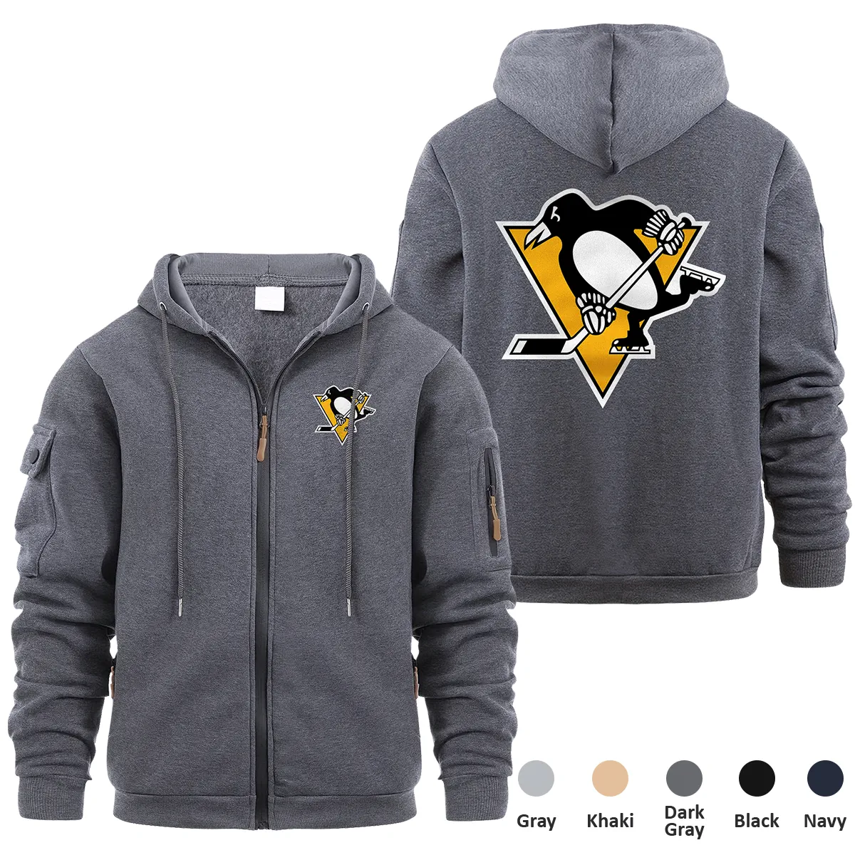 Pittsburgh Penguins NHL Exclusive Logo Full Zipper Sweatshirt Hoodie with Arm Pocket HNT241114PPFZH - Dark Gray