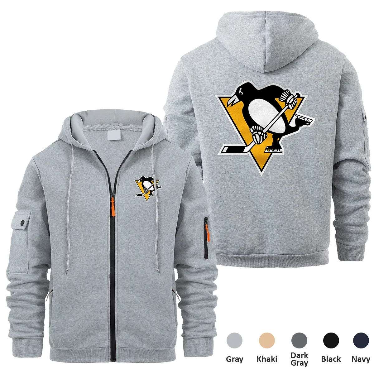 Pittsburgh Penguins NHL Exclusive Logo Full Zipper Sweatshirt Hoodie with Arm Pocket HNT241114PPFZH - Gray