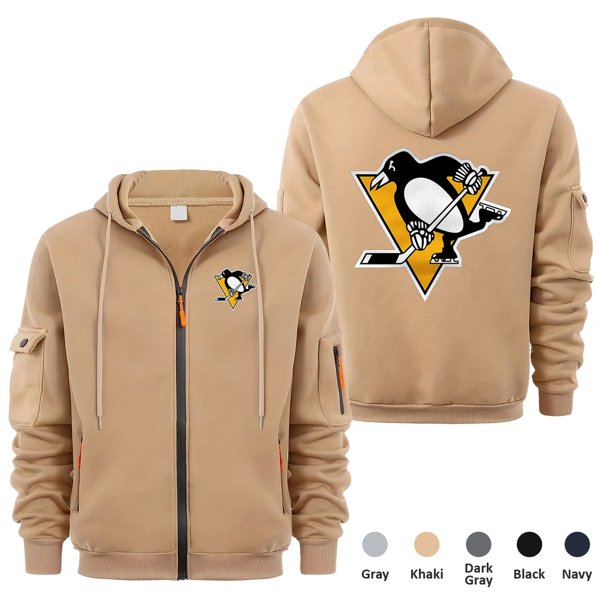 Pittsburgh Penguins NHL Exclusive Logo Full Zipper Sweatshirt Hoodie with Arm Pocket HNT241114PPFZH - Khaki