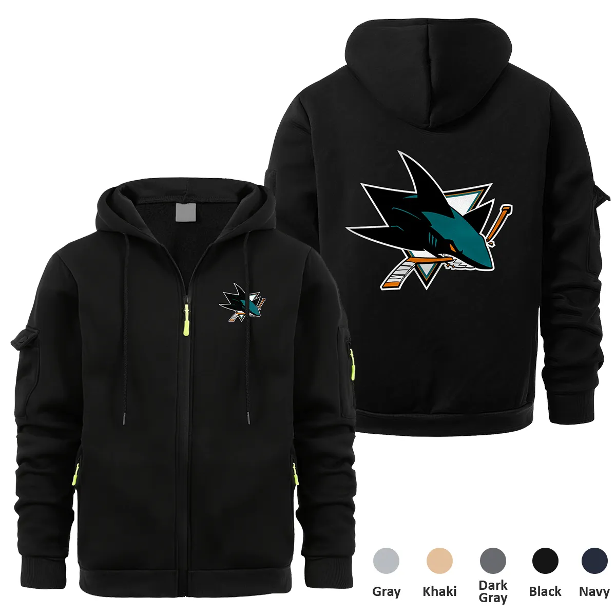 San Jose Sharks NHL Exclusive Logo Full Zipper Sweatshirt Hoodie with Arm Pocket HNT241114SJSFZH - Black